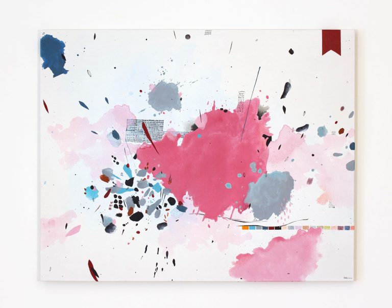 Modernus rožinis abstraktus paveikslas su pilkais ir mėlynais elementais