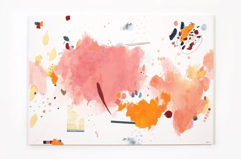 Didelis abstraktus paveikslas ant drobės – rožinė ir geltona spalvos, ekspresyvus, šiuolaikinis modernus menas, puikiai tinkantis namų interjerui.