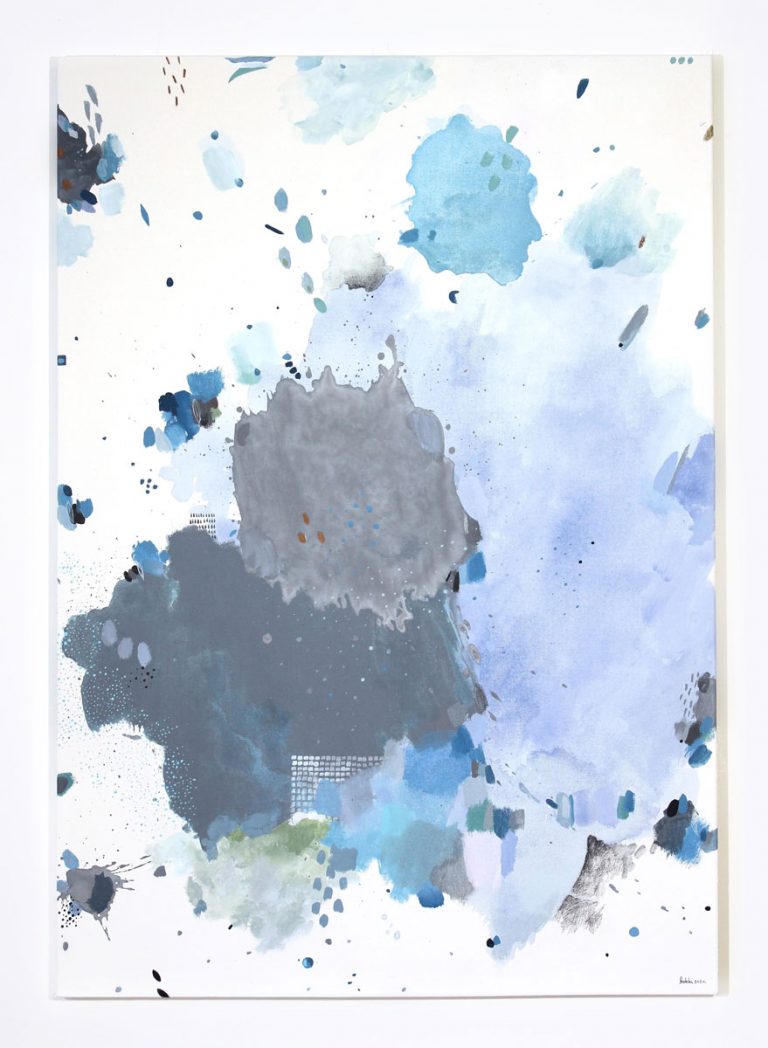 Minimalistinis abstraktus paveikslas mėlynais ir pilkais atspalviais šiuolaikiniam namų dekorui.