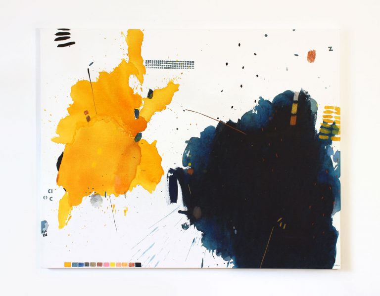 Spalvingas modernus abstraktus paveikslas su geltona ir tamsiai mėlyna kompozicija