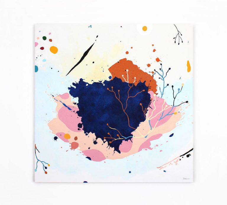 80 × 80 cm abstraktus paveikslas ant drobės – mėlynos ir oranžinės spalvų derinys, modernus šiuolaikinis meno kūrinys, puikiai tinkantis interjerui.