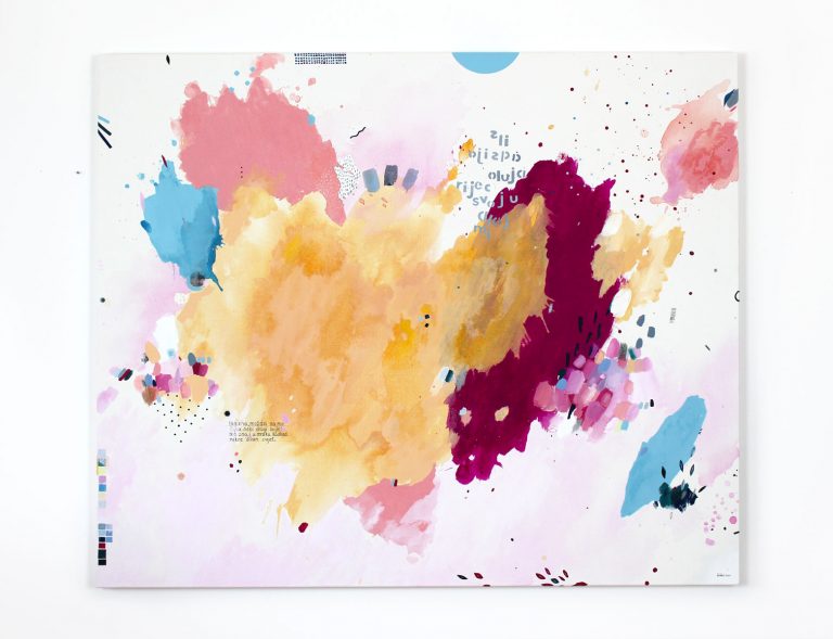 100 × 120 cm abstraktus paveikslas ant drobės – geltona ir ryškiai magenta raudona spalvos, modernus, ekspresyvus šiuolaikinis menas, puikiai tinkantis namų interjerui.“