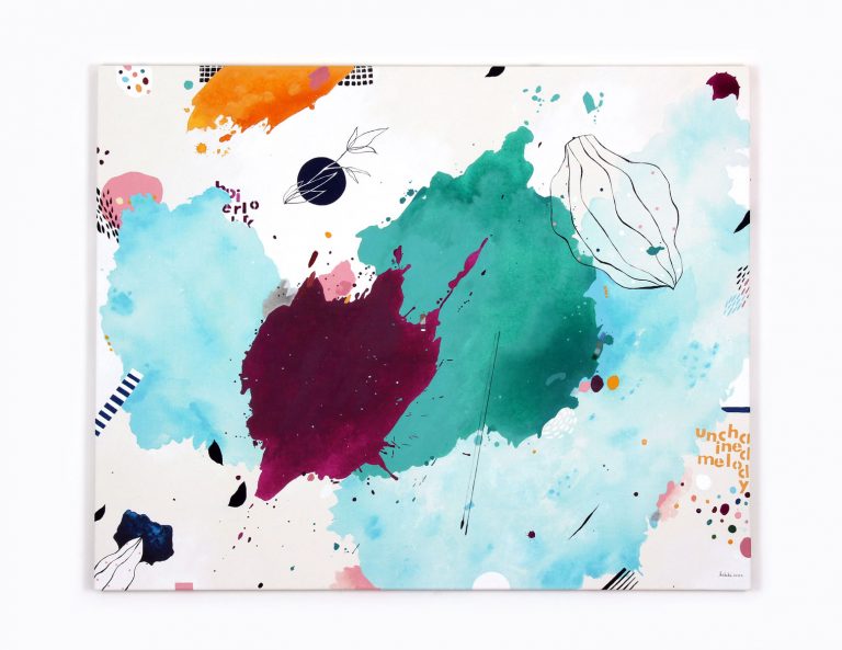 100 × 80 cm abstraktus paveikslas ant drobės – tirkio ir ryškiai magenta raudonos spalvos, modernus šiuolaikinis menas, puikiai tinkantis namų interjerui.“