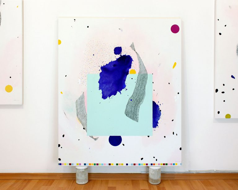 100 × 120 cm abstraktus paveikslas ant drobės – turkio ir mėlynos spalvos su rožiniais akcentais, minimalistinis šiuolaikinis menas