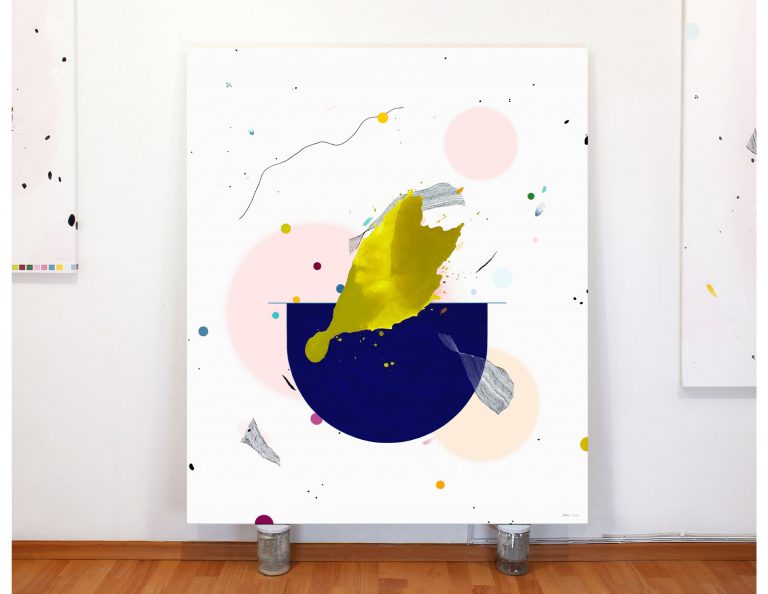 Rankų darbo ryškus modernus paveikslas ant drobės su mėlyna ir rožine spalvomis – spalvinga šiuolaikinė dekoracija namams ar biurui, parduodamas