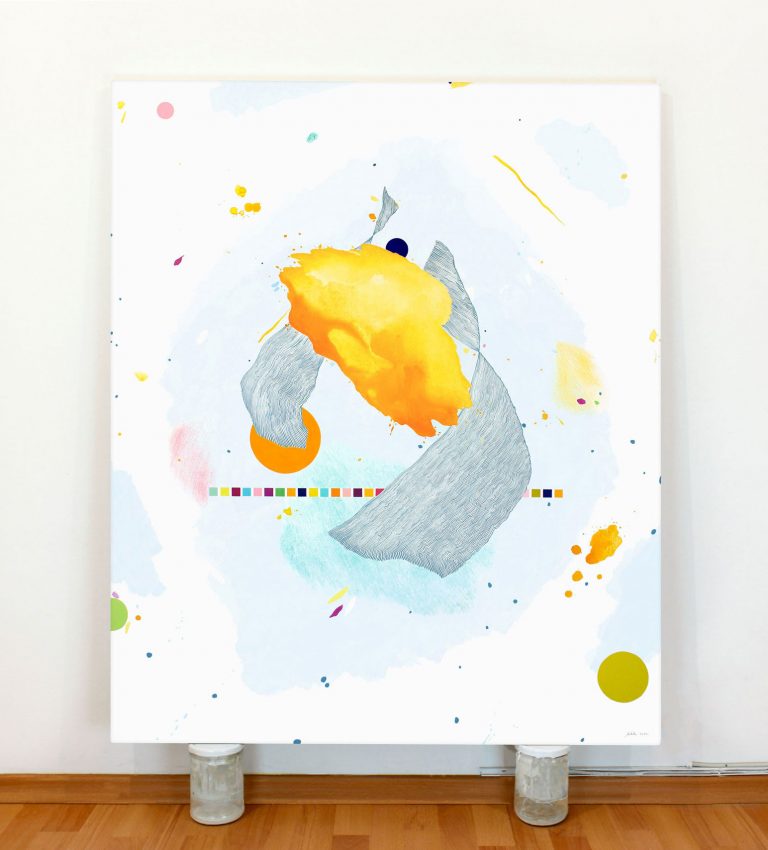 Rankų darbo abstraktus paveikslas ant drobės su ryškiomis oranžinėmis ir geltonomis spalvomis – šiuolaikinė meno dekoracija namams ar biurui, parduodamas Vilniuje