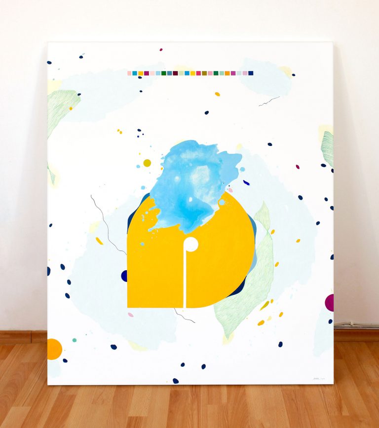 Parduodamas geltonos ir šviesiai mėlynos spalvos abstraktus paveikslas ant drobės – modernus meno kūrinys namams ar biurui Vilniuje