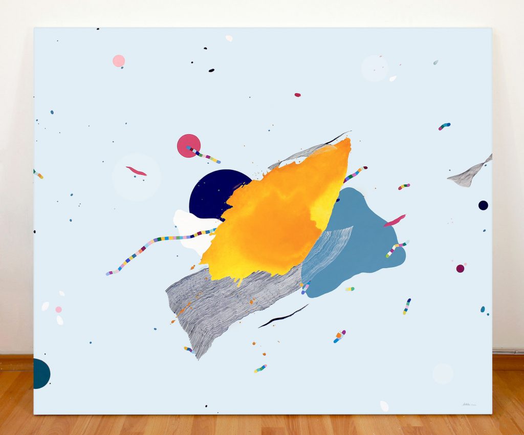 Rankų darbo modernus abstraktus paveikslas ant drobės su mėlyna ir geltonu akcentu – šiuolaikinė meno dekoracija namams ar biurui, parduodamas Vilniuje