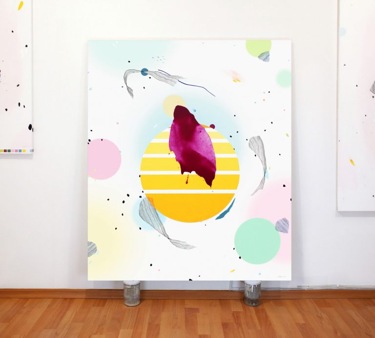 Rankų darbo geltonas spalvingas modernus abstraktus paveikslas ant drobės – šiuolaikinė dekoracija namams ar biurui, parduodamas