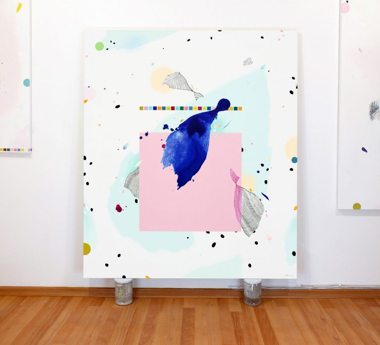 Rankų darbo spalvingas modernus minimalistinis paveikslas ant drobės 120 × 140 cm – šiuolaikinė dekoracija namams ar biurui, parduodamas