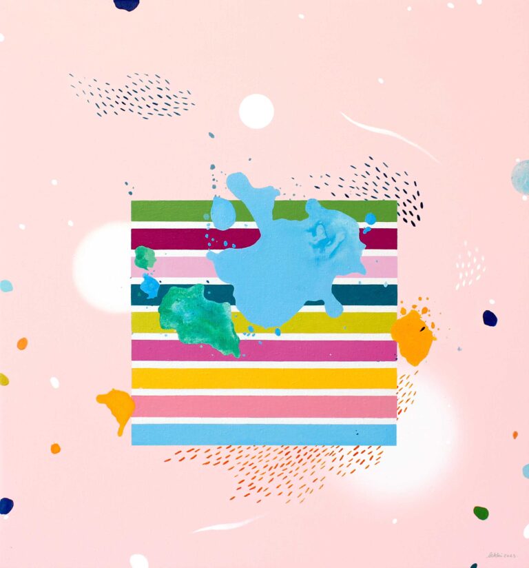 Rankų darbo mažas modernus paveikslas ant drobės, daugiausia rožinė su kitomis spalvomis – spalvingas ir šiuolaikiškas meno kūrinys