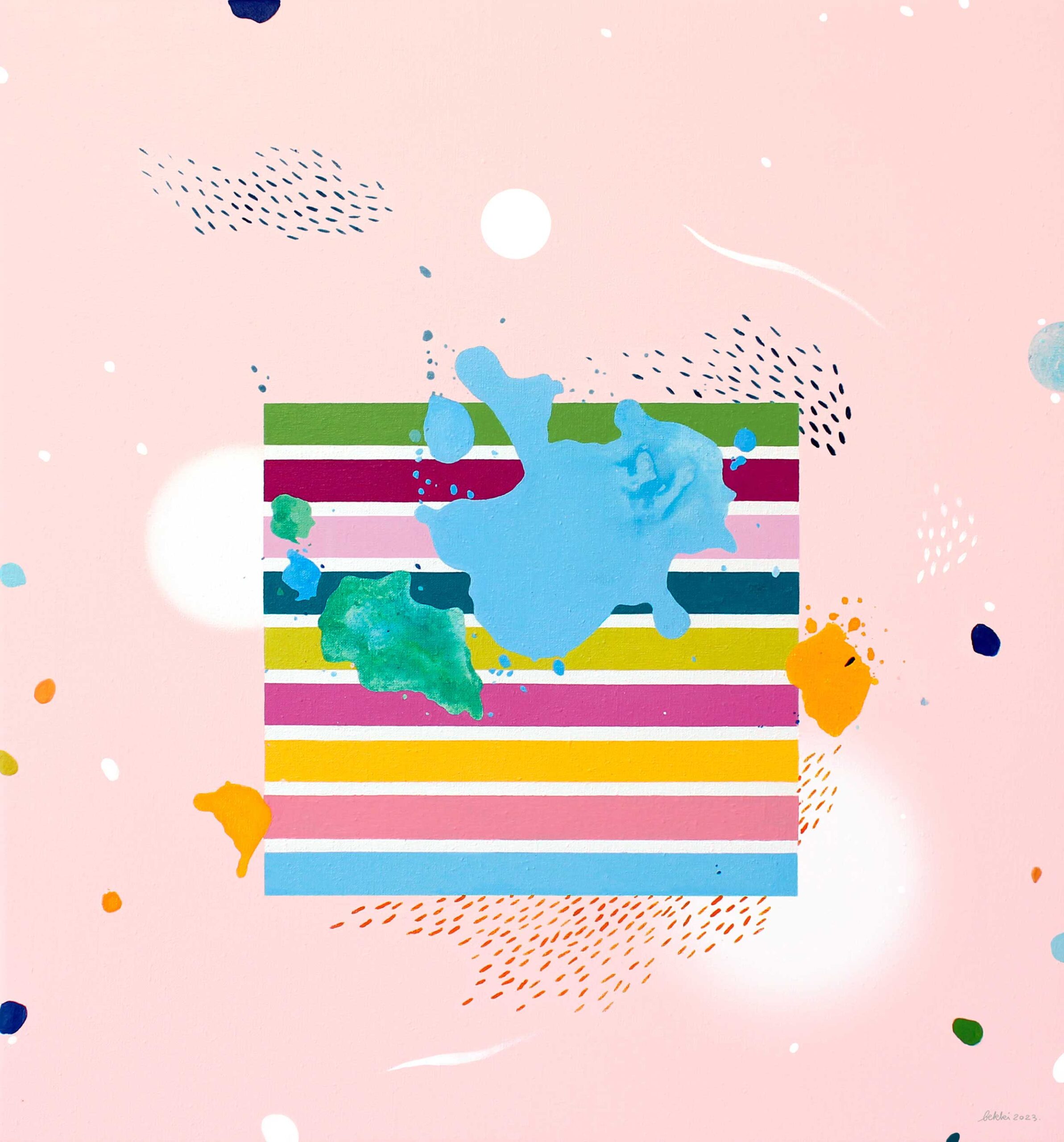 Rankų darbo mažas modernus paveikslas ant drobės, daugiausia rožinė su kitomis spalvomis – spalvingas ir šiuolaikiškas meno kūrinys