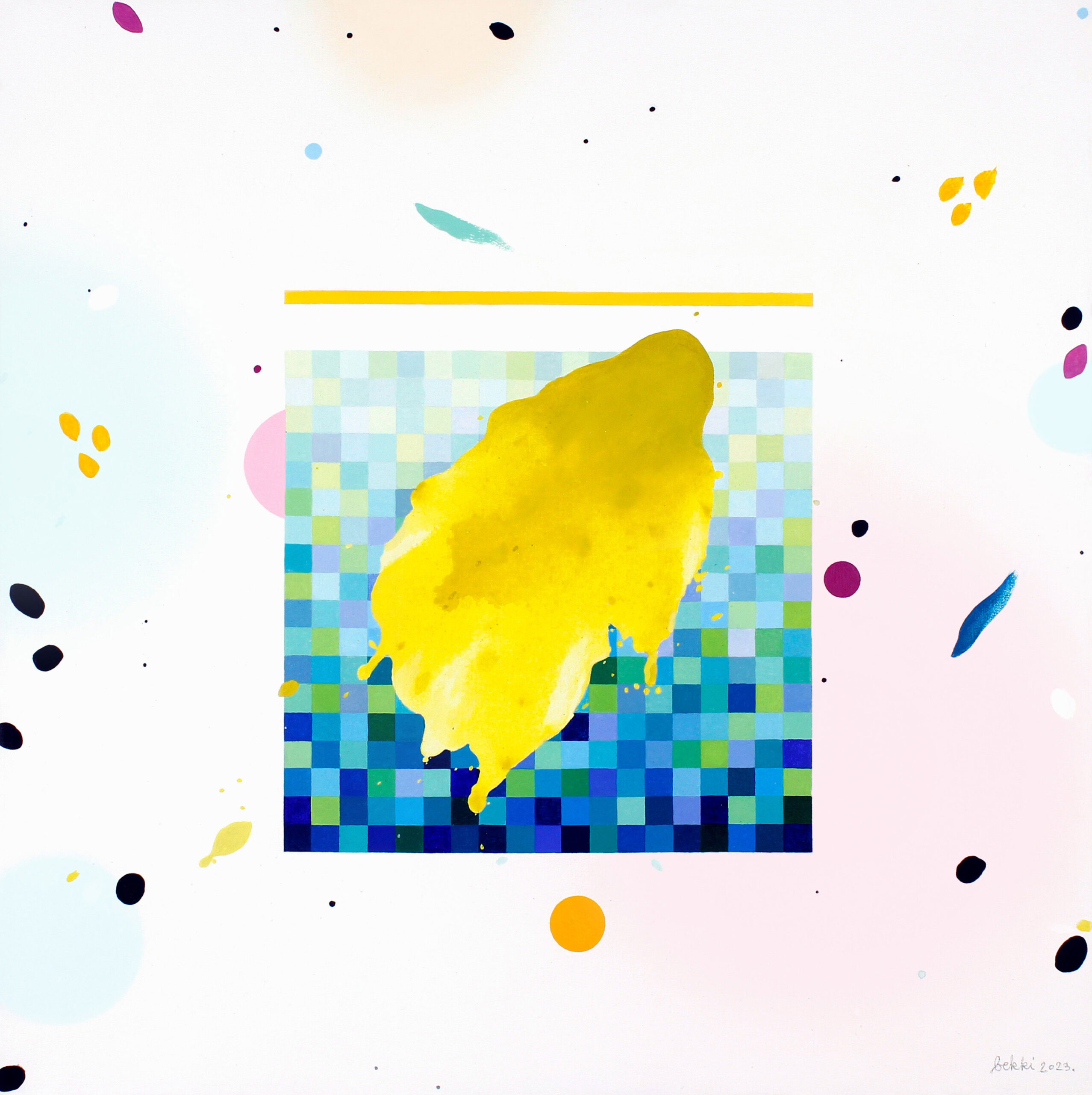 Rankų darbo 40 × 40 cm modernus paveikslas ant drobės su žalia, alyvuogių, mėlyna, rožine ir balta spalvomis – stilinga ir spalvinga dekoracija interjerui