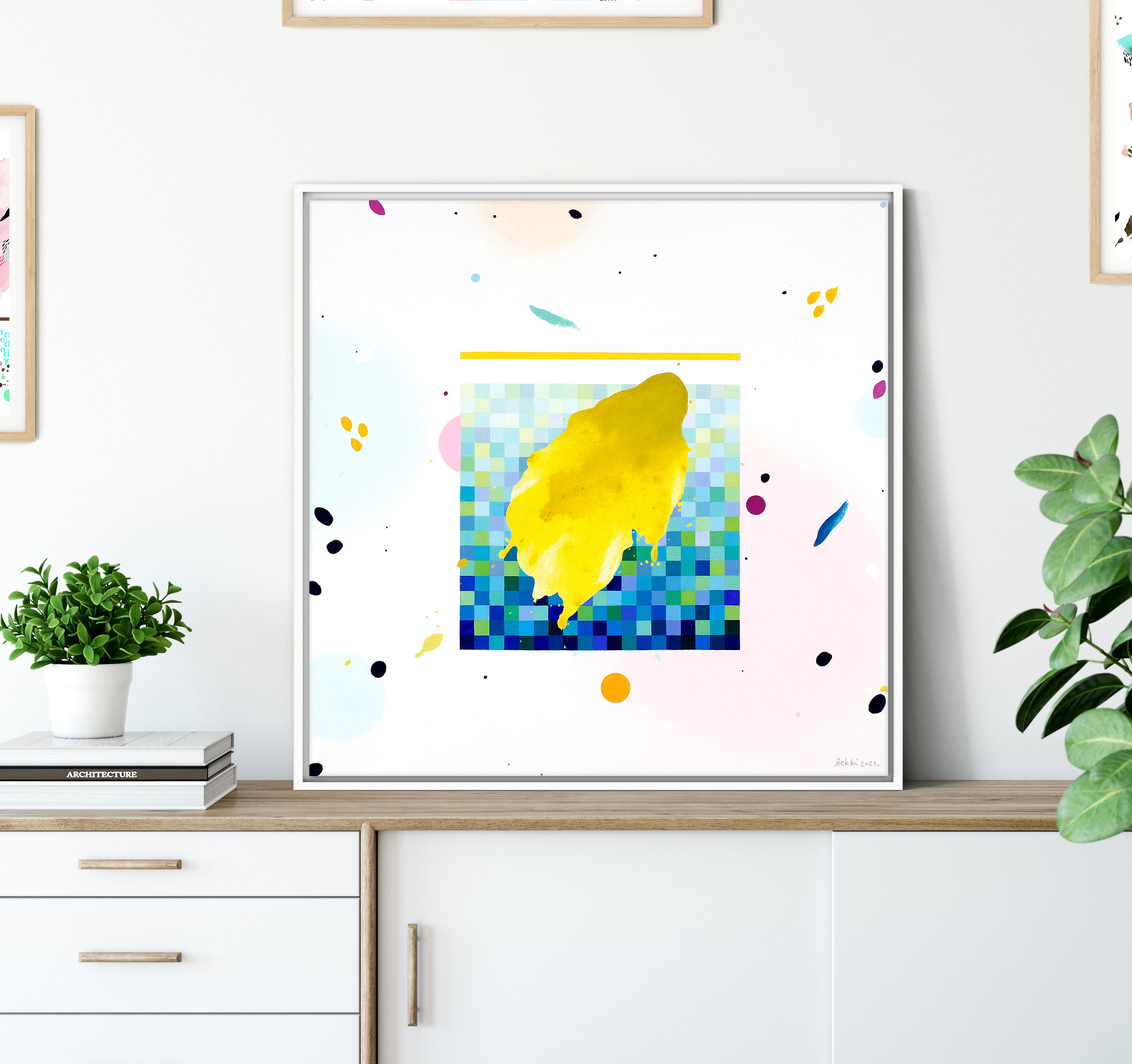 Rankų darbo 40 × 40 cm modernus paveikslas ant drobės su žalia, alyvuogių, mėlyna, rožine ir balta spalvomis – stilinga ir spalvinga dekoracija interjerui