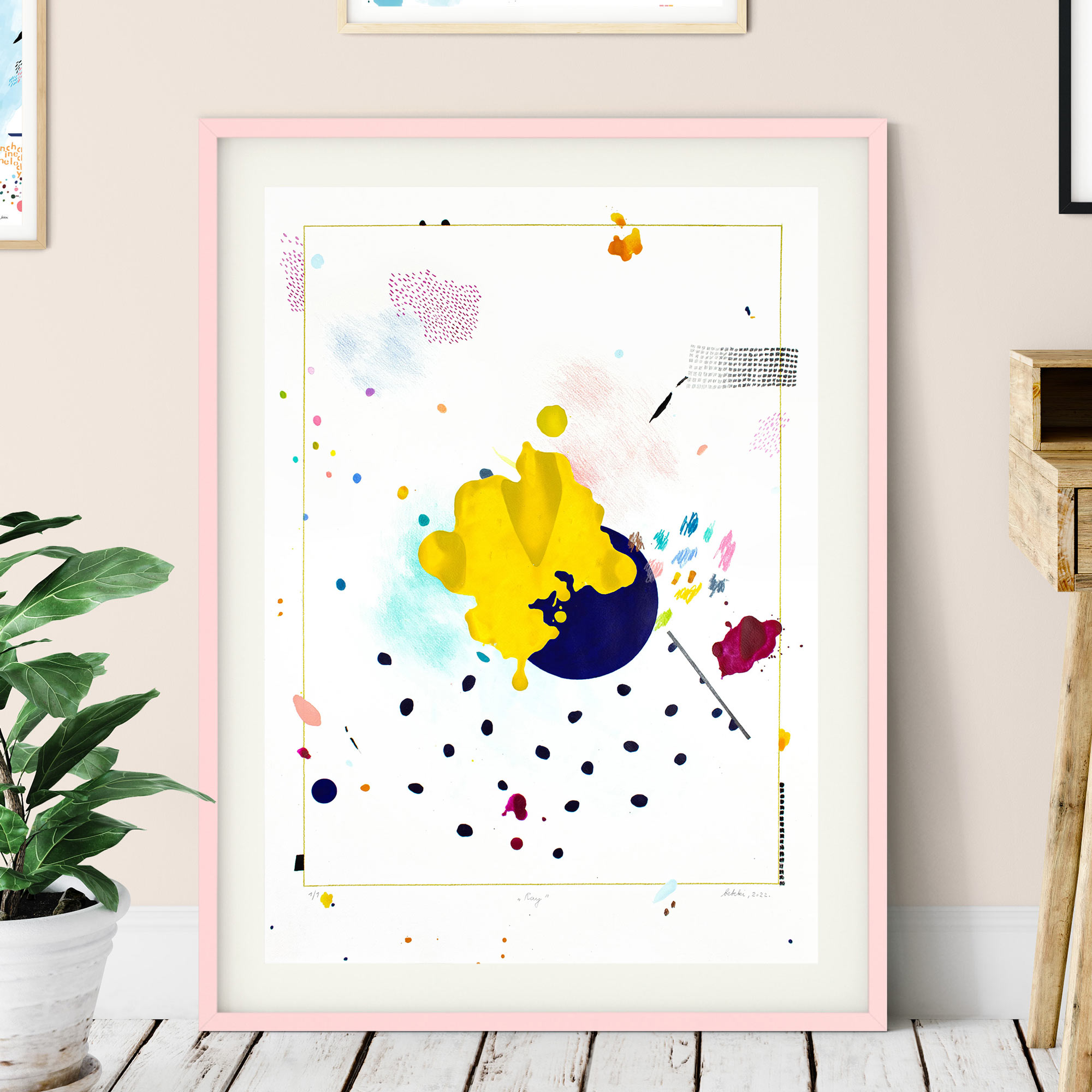 Rankų darbo spalvingas abstraktus paveikslas ant tekstūruoto popieriaus, sukurtas akvareliniais pieštukais ir spalvotu rašalu – moderni šiuolaikinė dekoracija namams ar studijai, parduodamas