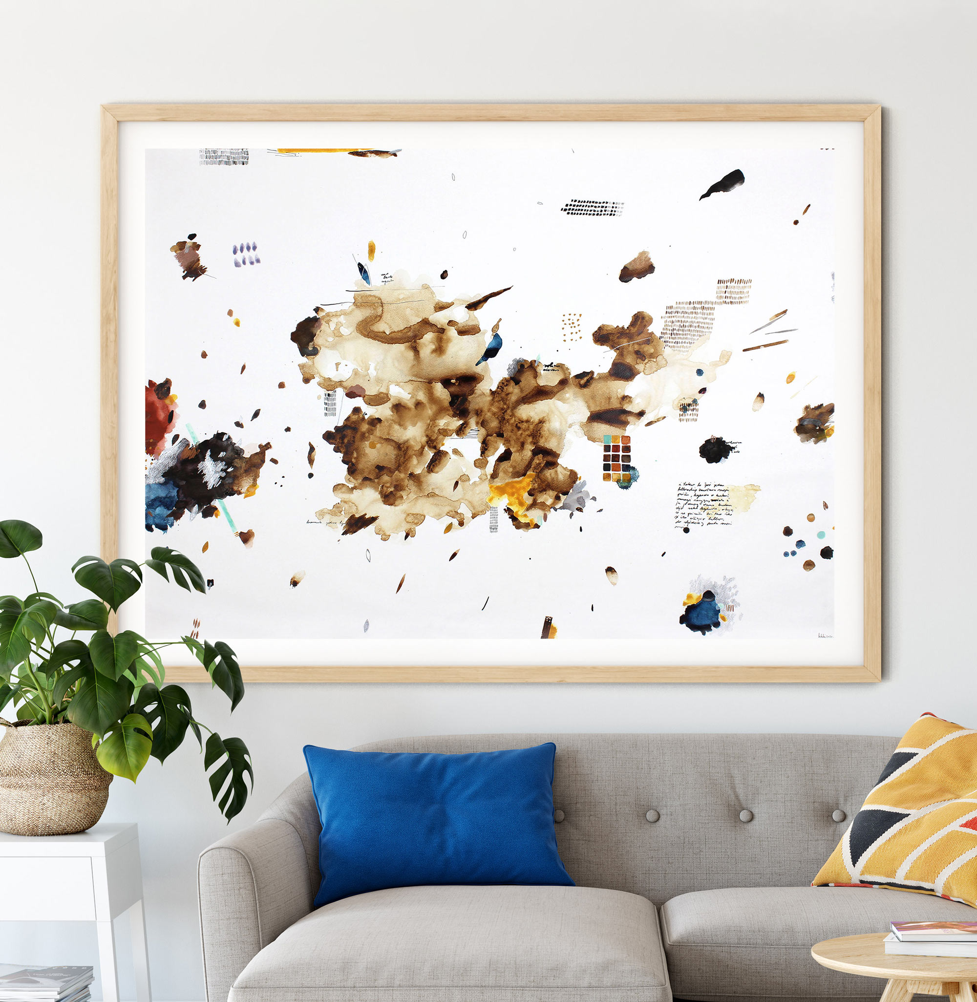 Rankų darbo didelis rudos akvarelės paveikslas ant popieriaus – moderni dekoracija svetainės interjerui, parduodamas Vilniuje