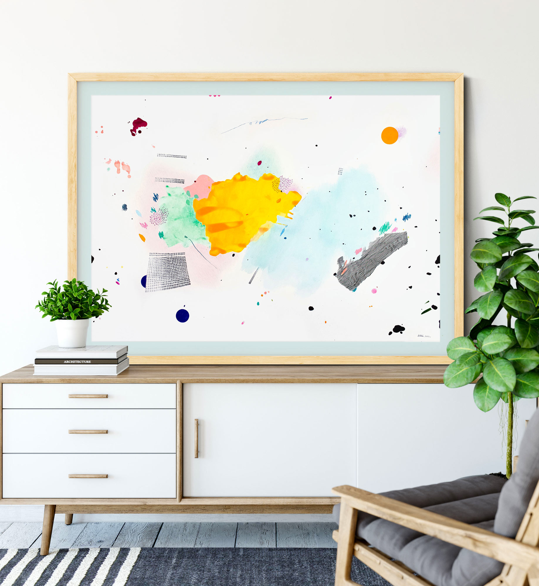 Rankų darbo spalvingas abstraktus paveikslas ant tekstūruoto popieriaus, sukurtas akvareliniais pieštukais ir spalvotu rašalu – moderni šiuolaikinė dekoracija namams ar studijai, parduodamas