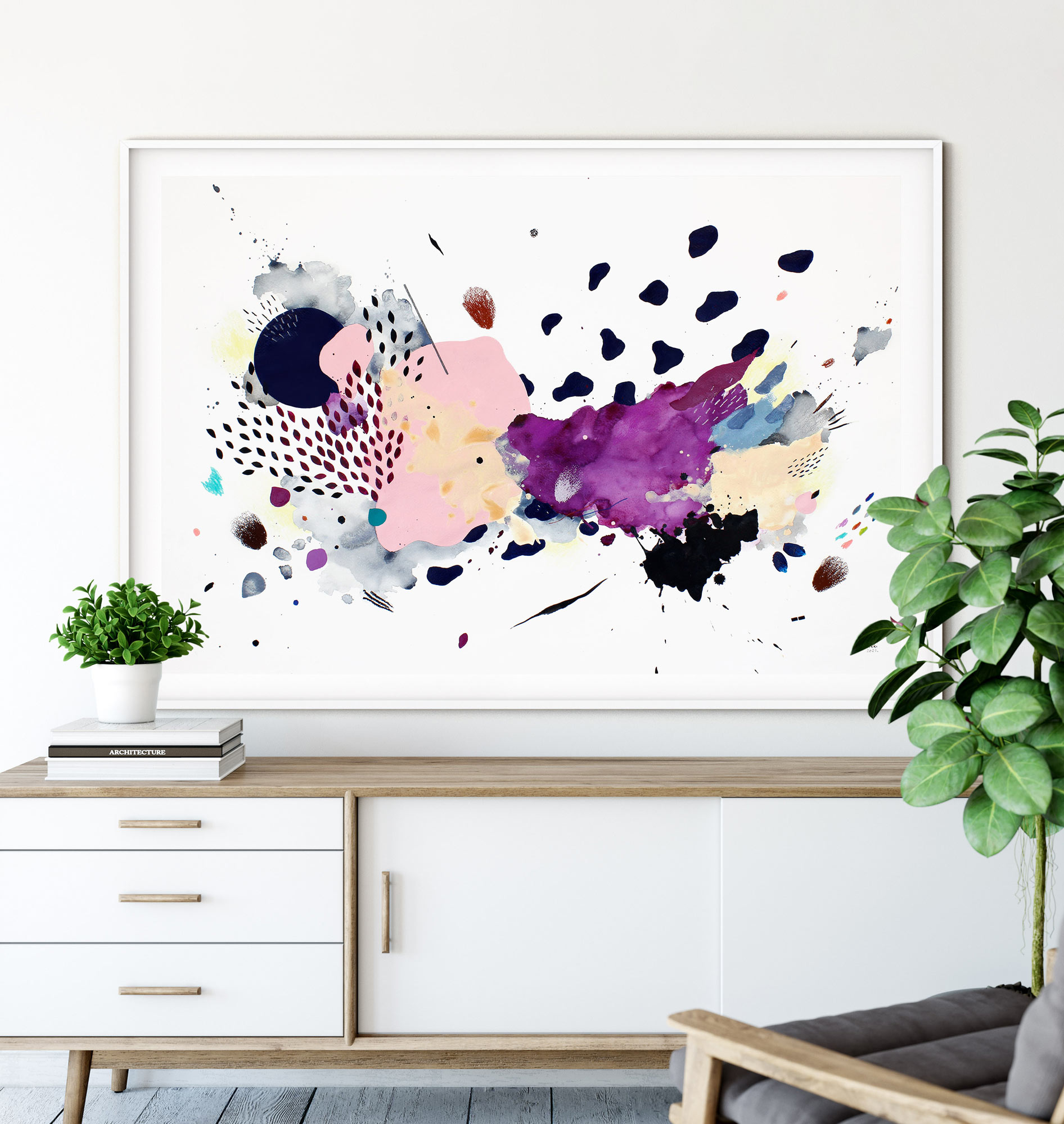 Rankų darbo modernus abstraktus paveikslas ant popieriaus su violetine ir balta spalva – šiuolaikinė dekoracija namams ar biurui, parduodamas Vilniuje