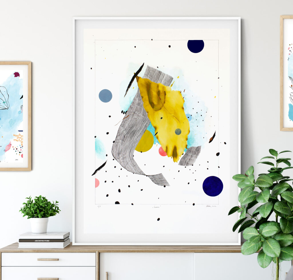 Rankų darbo spalvingas abstraktus paveikslas ant tekstūruoto popieriaus, sukurtas akvareliniais pieštukais ir spalvotu rašalu – moderni šiuolaikinė dekoracija namams ar studijai, parduodamas