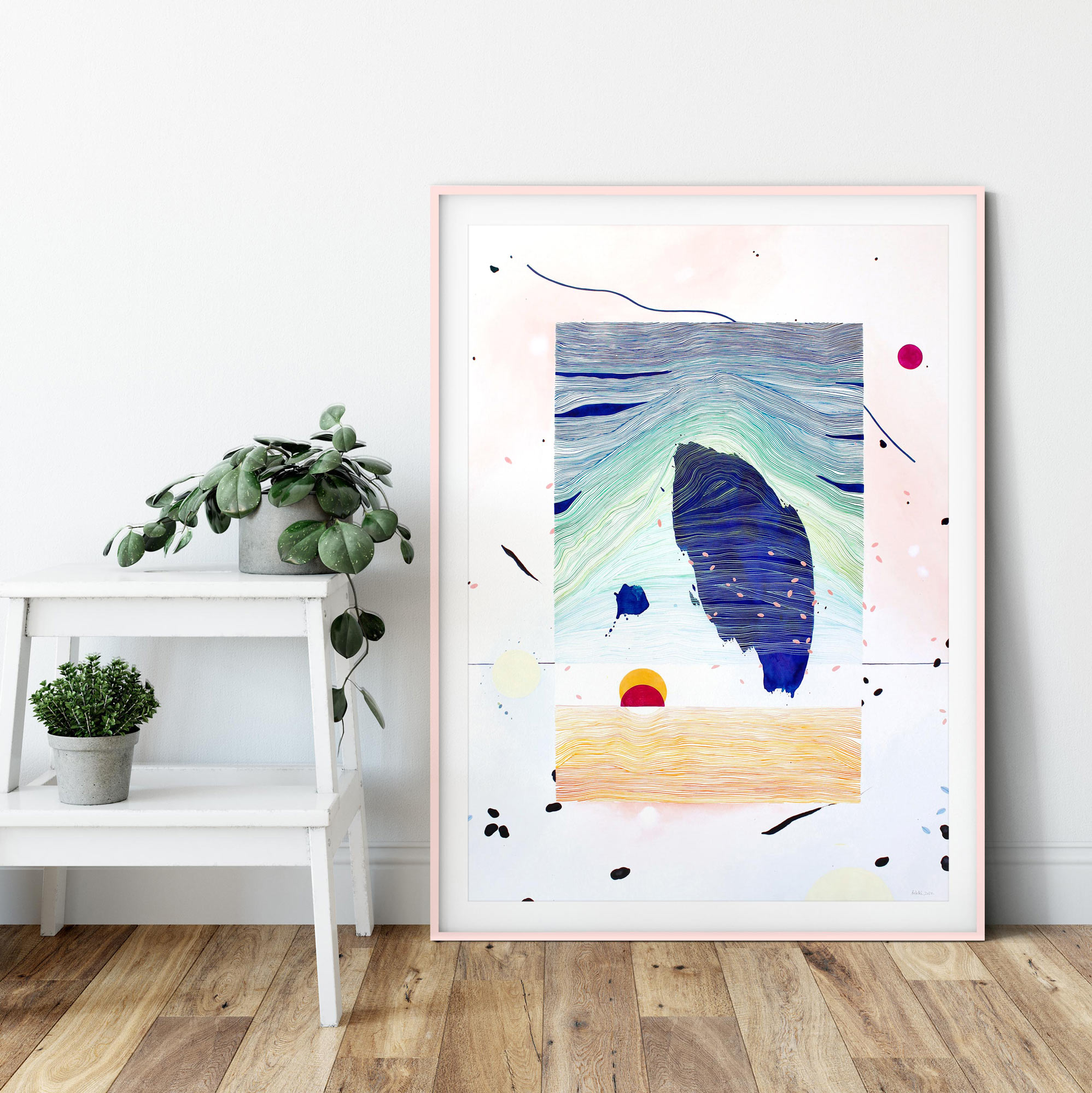 Rankų darbo spalvingas paveikslas ant popieriaus, sukurtas akvarele ir spalvotais pieštukais – šiuolaikinė dekoracija namams ar studijai, parduodamas Vilniuje