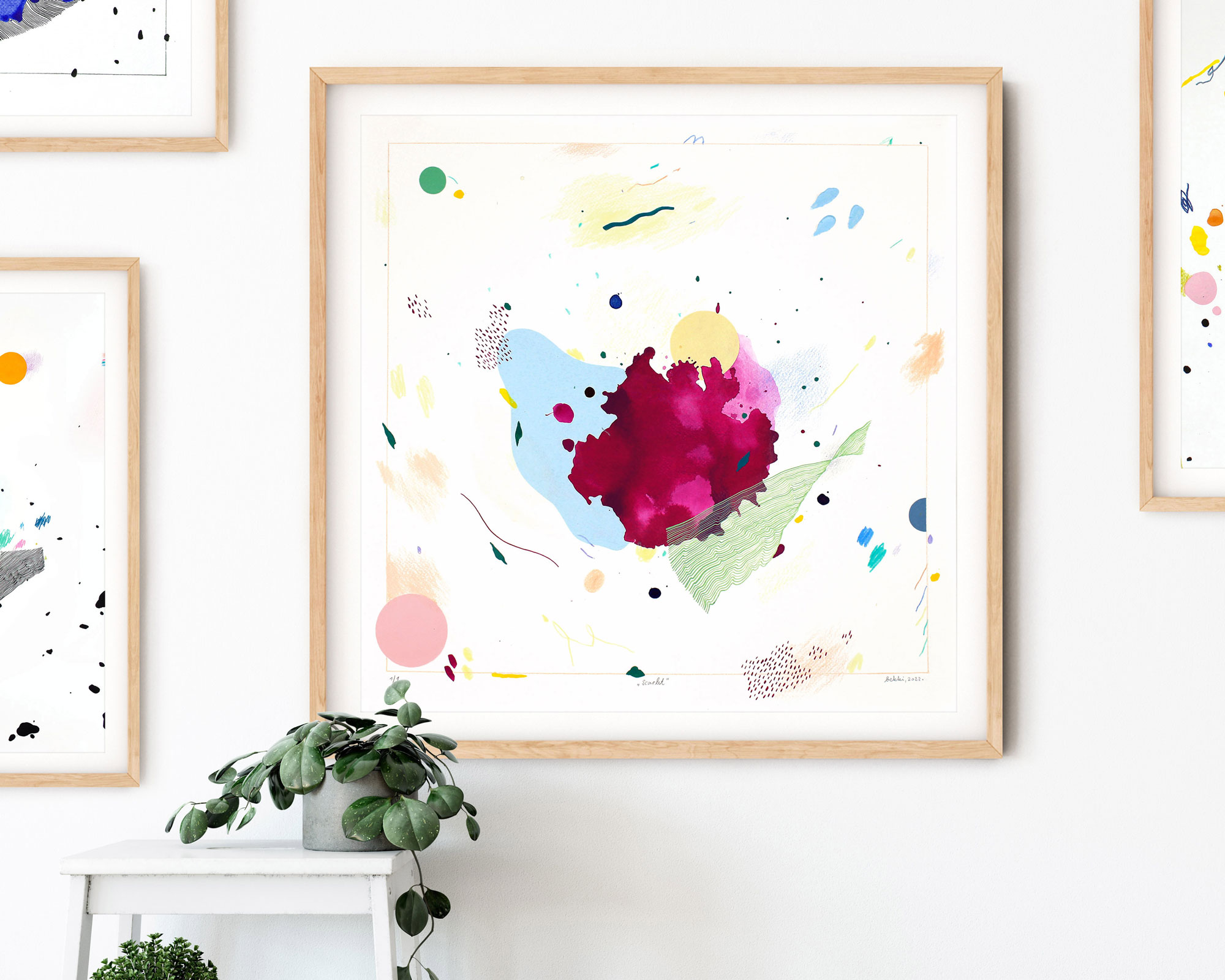 Rankų darbo vidutinio dydžio rožinės akvarelės paveikslas ant popieriaus – modernus abstraktus kūrinys namams ar studijai, parduodamas Vilniuje