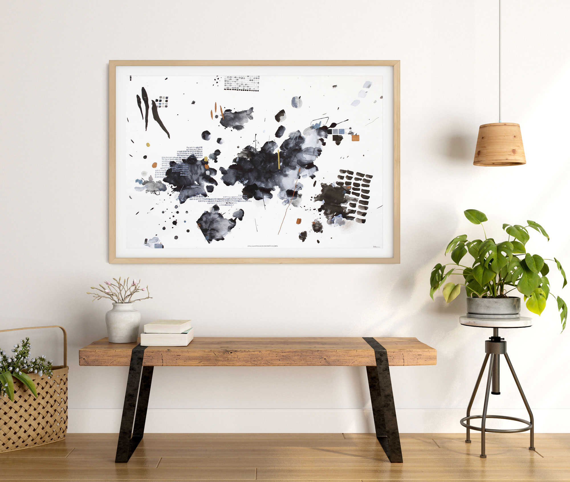 Rankų darbo juodos ir baltos akvarelės paveikslas ant popieriaus – modernus abstraktus kūrinys namams ar studijai, parduodamas Vilniuje