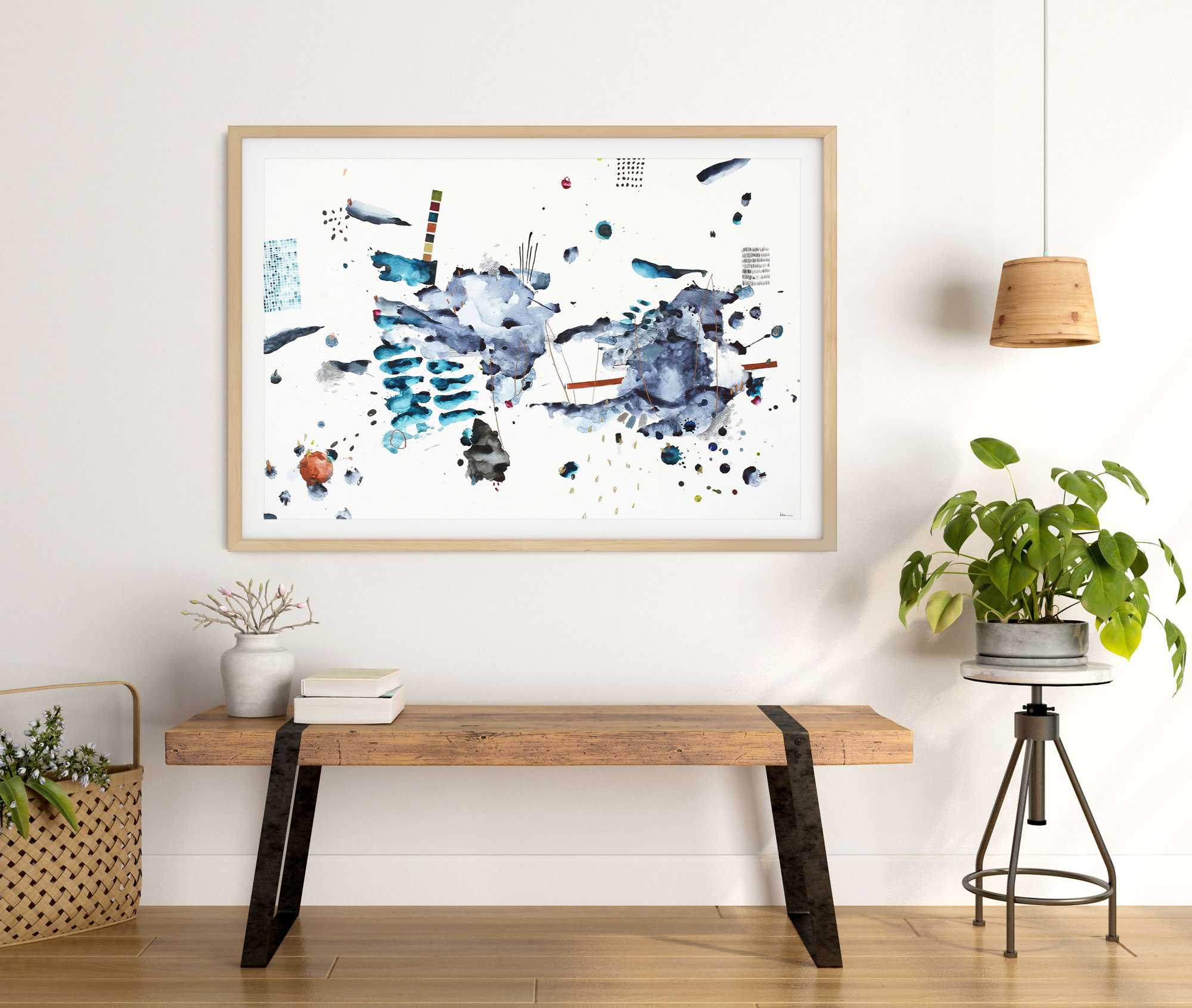 Rankų darbo mėlyna akvarelė ant popieriaus – modernus abstraktus paveikslas namams ar studijai, parduodamas Vilniuje