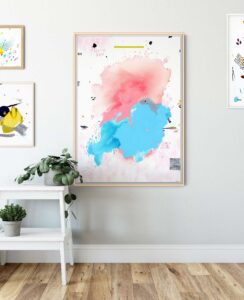 100 × 70 cm abstraktus paveikslas ant drobės – rožinė (rose pink) ir šviesiai mėlyna spalvos, minimalistinis, raminantis modernus šiuolaikinis menas.