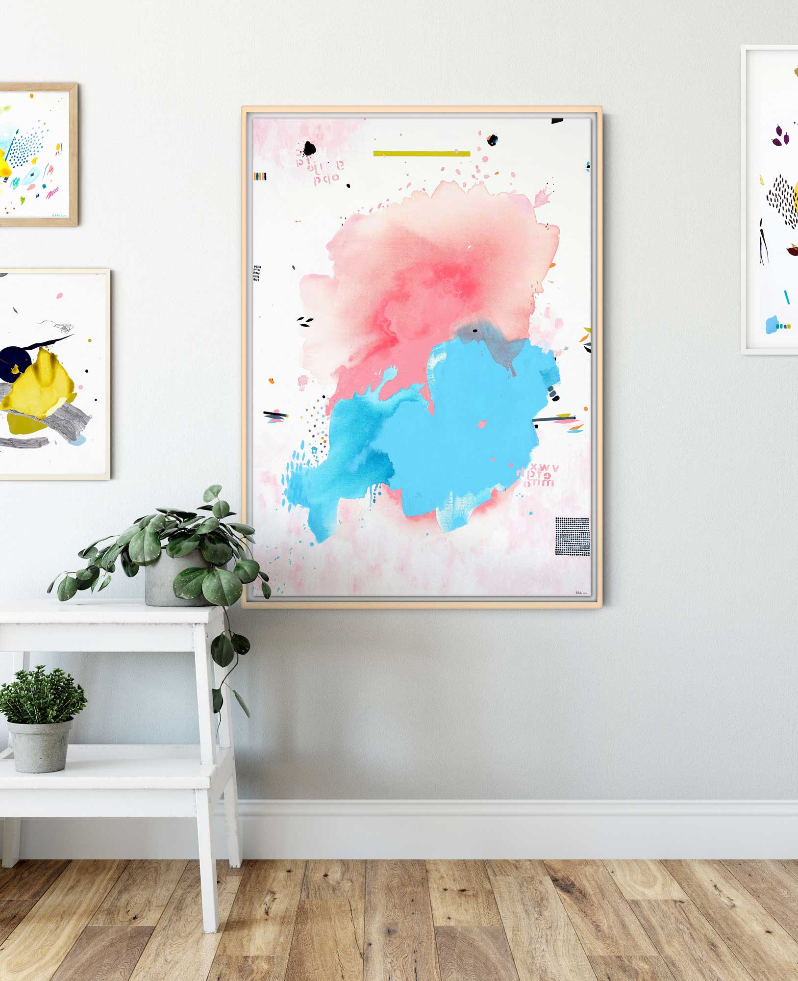 100 × 70 cm abstraktus paveikslas ant drobės – rožinė (rose pink) ir šviesiai mėlyna spalvos, minimalistinis, raminantis modernus šiuolaikinis menas.