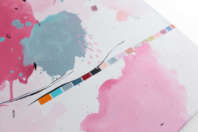 Spalvingas modernus abstraktus paveikslas su rožine ir pilka spalvų palete