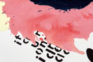 Šiuolaikinis spalvingas abstraktus paveikslas su mėlyna centrine forma