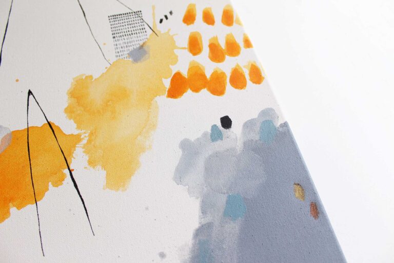 Spalvingas geltonas abstraktus paveikslas ant drobės su modernia kompozicija