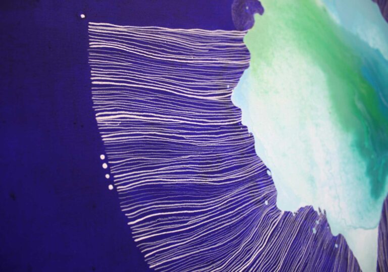 Originali abstrakti tapyba – ultramarino mėlyna, žalia, rožinė – didelė drobė, Vilnius