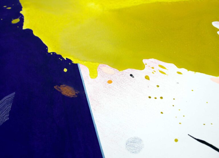 Spalvingas abstraktus paveikslas – mėlynas pusapskritis ir geltona dėmė – didelė drobė