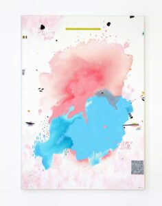 100 × 70 cm abstraktus paveikslas ant drobės – rožinė (rose pink) ir šviesiai mėlyna spalvos, minimalistinis, raminantis modernus šiuolaikinis menas.