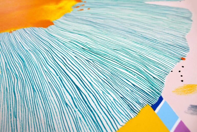 Originali abstrakti tapyba – geltona, oranžinė, mėtinė, rožinė – didelė drobė Vilniuje