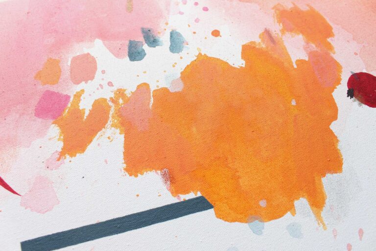 Šiuolaikinis spalvingas abstraktus paveikslas su oranžine ir rožine kompozicija