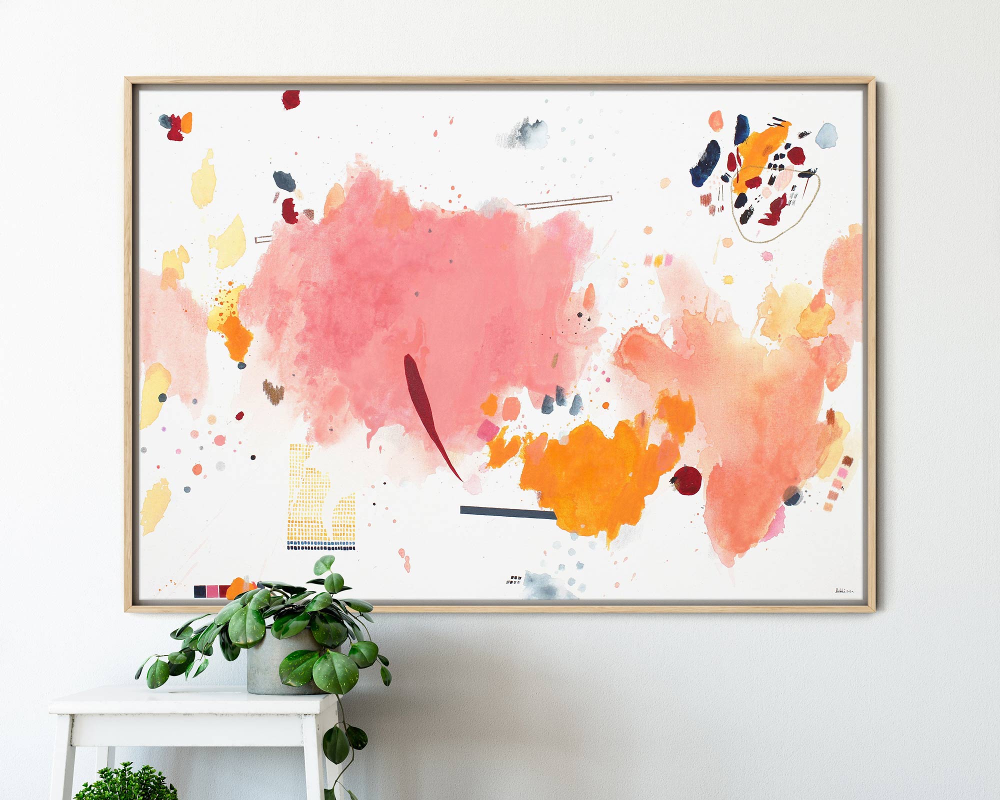 Spalvingas modernus abstraktus paveikslas su rožiniais ir oranžiniais tonais ant drobės