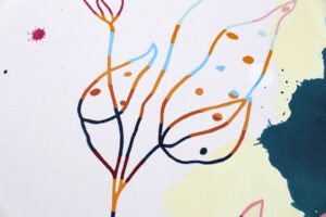 Moderni spalvinga abstrakti drobė su mėlynais, rožiniais ir pasteliniais tonais