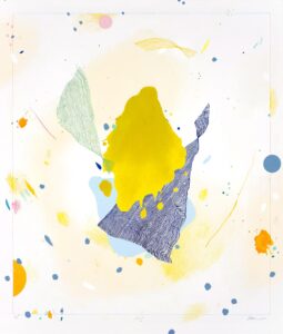 Modernus abstraktus paveikslas ant drobės 60 x 70 cm su geltonais ir mėlynais akcentais