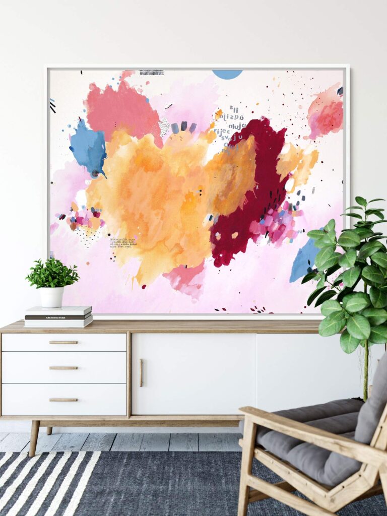 Spalvingas modernus abstraktus paveikslas ant drobės su rožiniais, geltonais ir mėlynais potėpiais