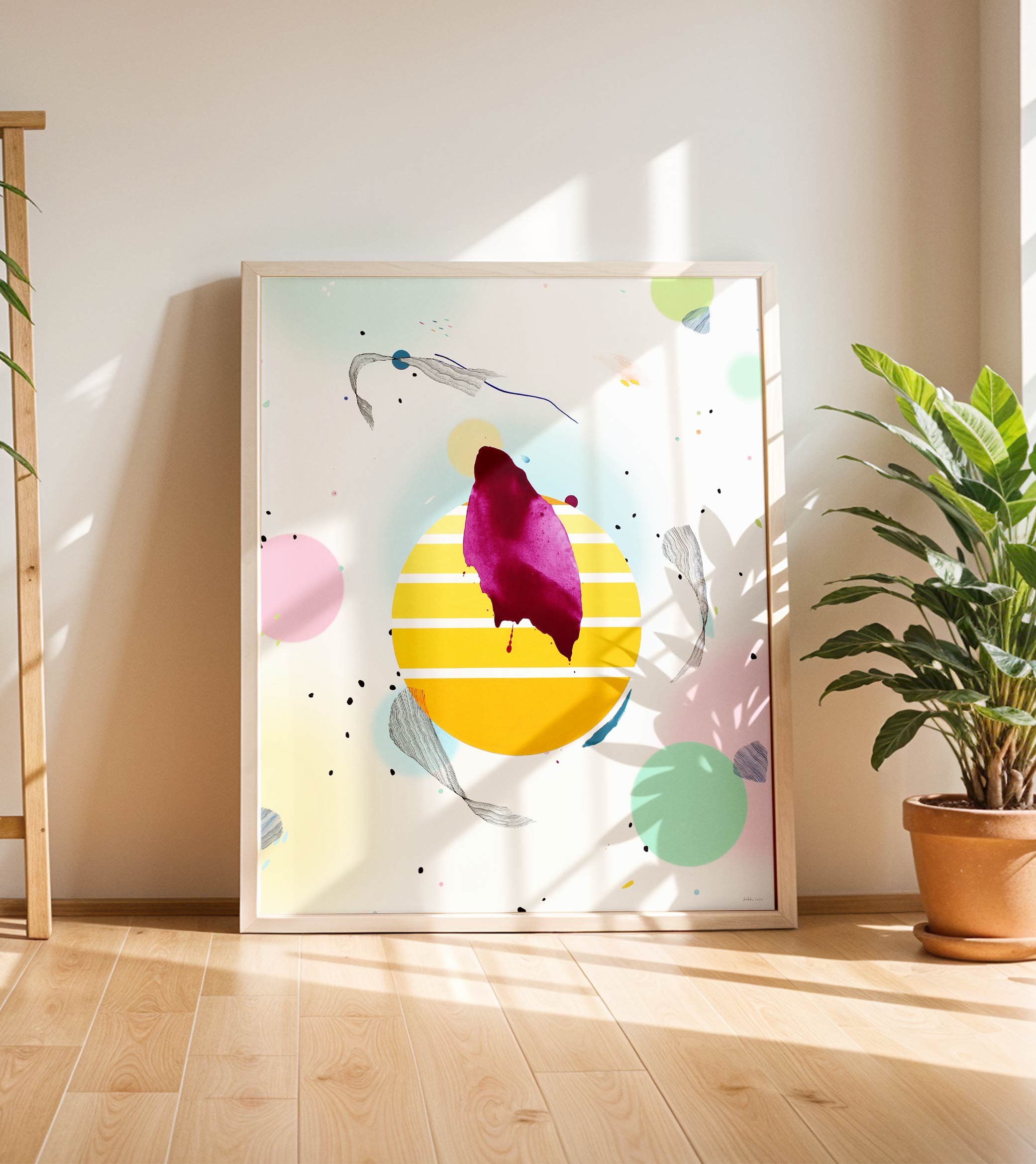 Unikalus spalvingas abstraktus paveikslas su rožiniais ir geltonais dažais ant drobės