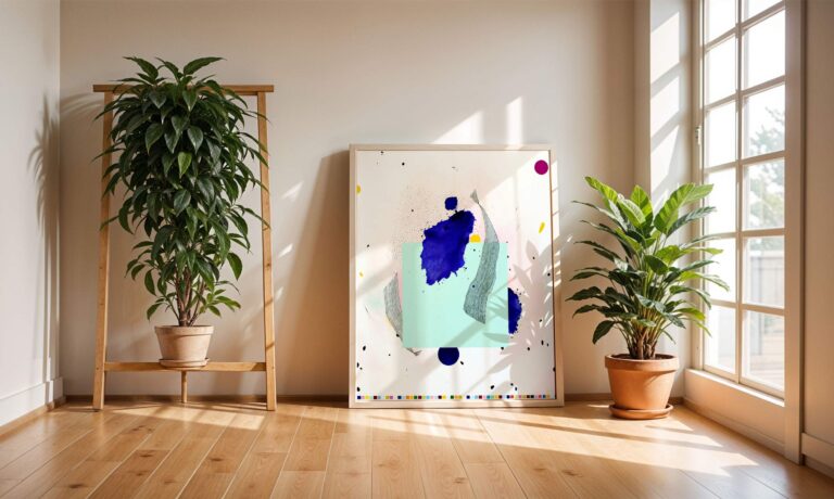 Spalvingas modernus abstraktus paveikslas ant drobės su mėlynu potėpiu ir geometrinėmis formomis