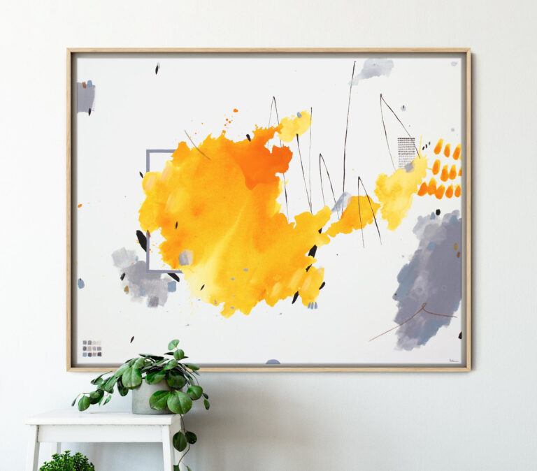 Modernus geltonas abstraktus paveikslas ant drobės su minimalistiniais grafikos elementais