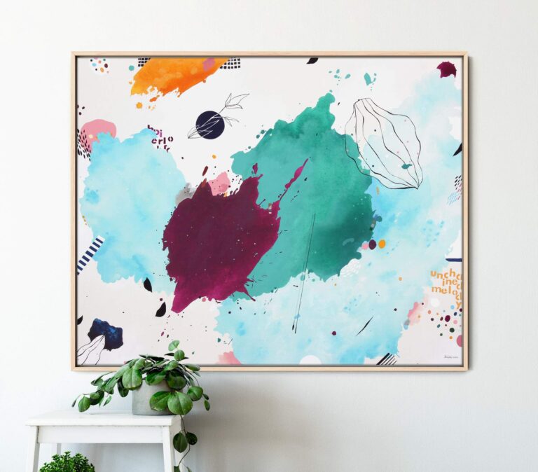 Didelio formato 100 × 80 cm abstraktus drobės paveikslas: energingas tirkio ir magenta raudonos spalvų derinys – modernus meno akcentas gyvenamajai erdvei.