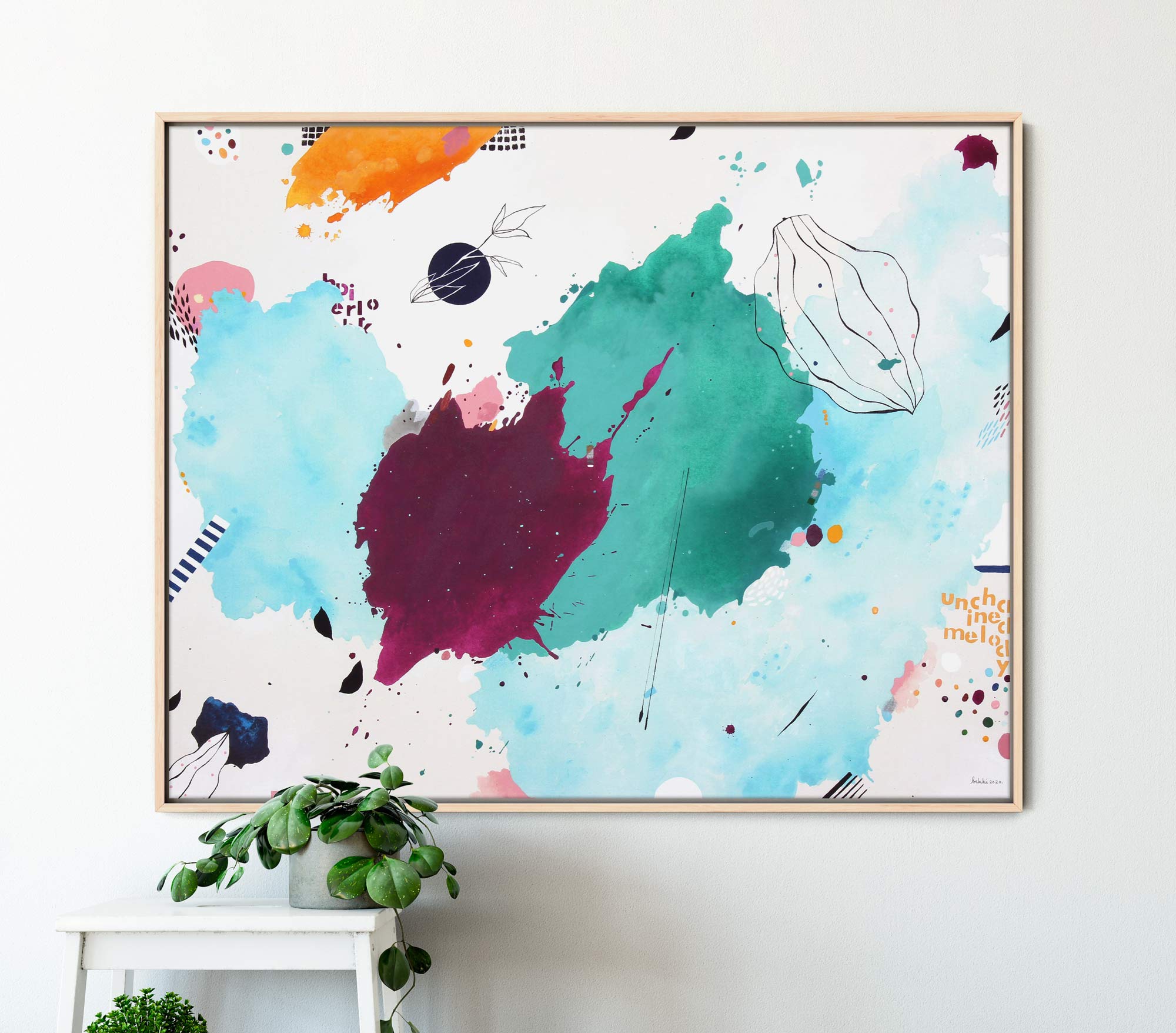 Didelio formato 100 × 80 cm abstraktus drobės paveikslas: energingas tirkio ir magenta raudonos spalvų derinys – modernus meno akcentas gyvenamajai erdvei.