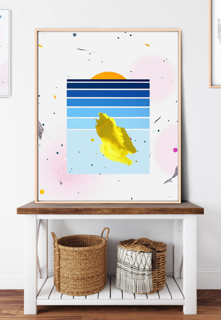 Originali abstrakti tapyba – mėlynos juostos, geltona, oranžinė saulė – retro geometrinis stilius, didelė drobė