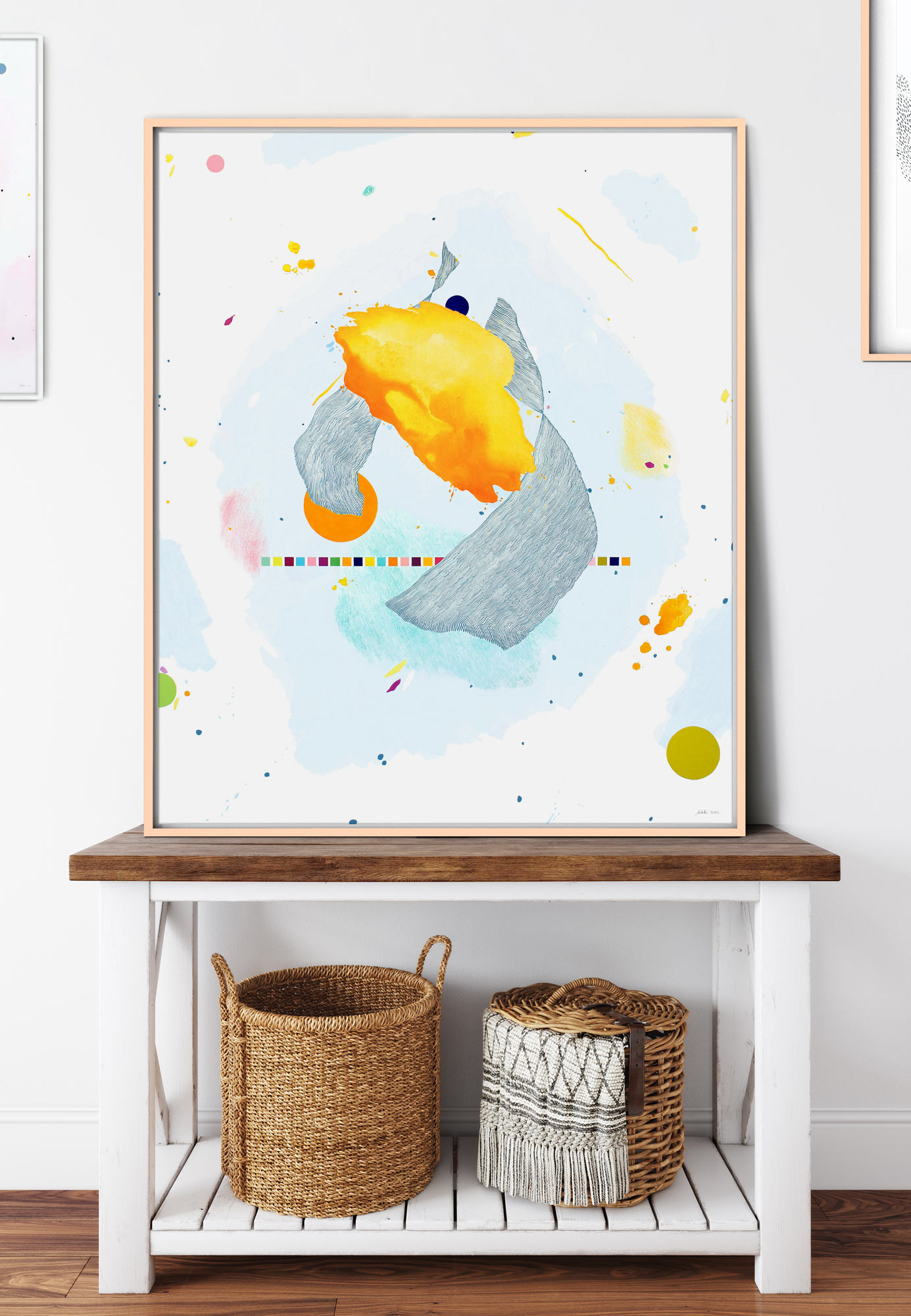 Originali abstrakti tapyba – oranžinė geltona dėmė, pilki potėpiai, pasteliai – didelė drobė interjerui