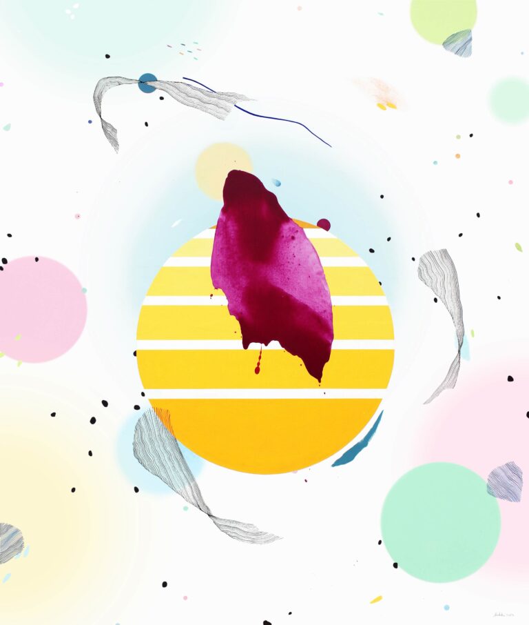 Ryškus geltonas ir oranžinis abstraktus paveikslas ant drobės, modernus sienų meno dekoras