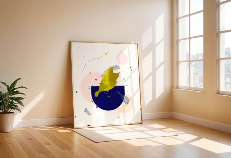 Šiuolaikinė abstrakti tapyba – geltona, mėlyna, rožinė – didelė drobė interjerui